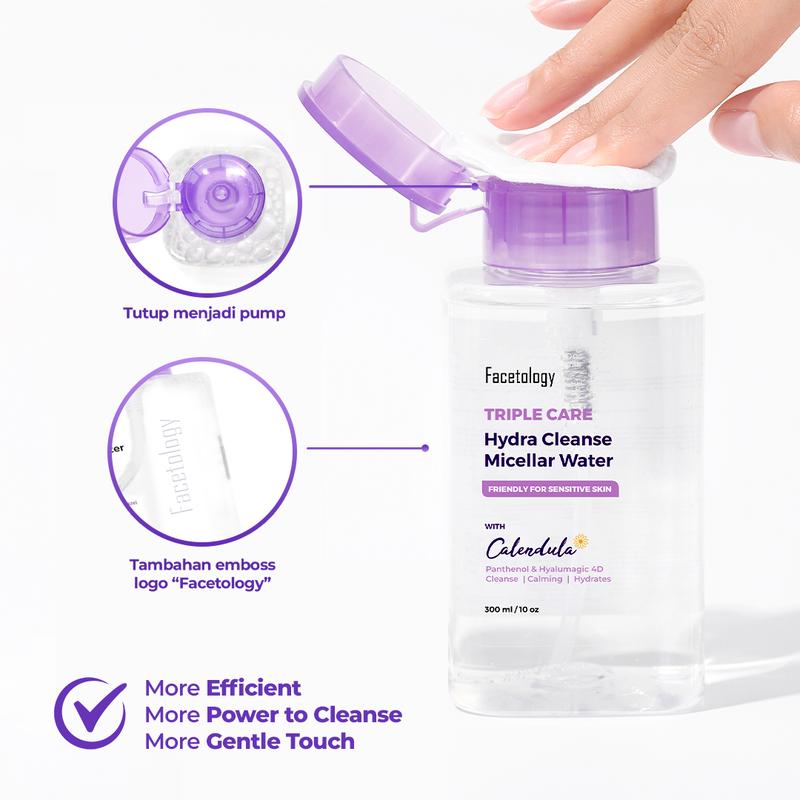Facetology Triple Care Hydra Cleanse Micellar Water 100 ML Pembersih Wajah Sensitive Skin Cleanser & Remover Make Up Tanpa Bilas mengandung Panthenol Hyaluronic Acid - 1