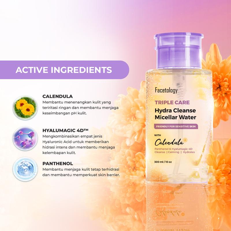 Facetology Triple Care Hydra Cleanse Micellar Water 100 ML Pembersih Wajah Sensitive Skin Cleanser & Remover Make Up Tanpa Bilas mengandung Panthenol Hyaluronic Acid - 4