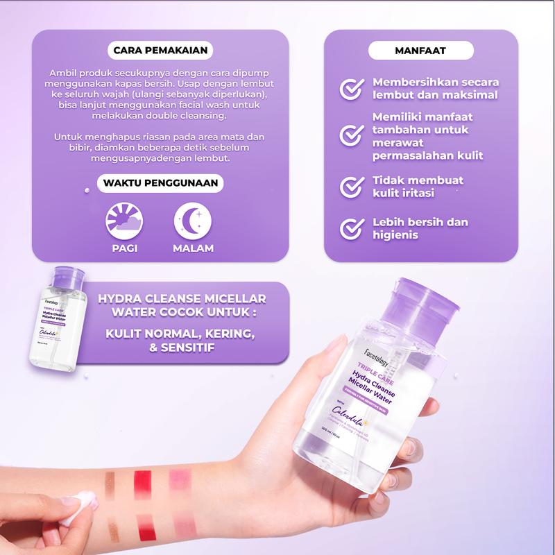Facetology Triple Care Hydra Cleanse Micellar Water 100 ML Pembersih Wajah Sensitive Skin Cleanser & Remover Make Up Tanpa Bilas mengandung Panthenol Hyaluronic Acid - 5