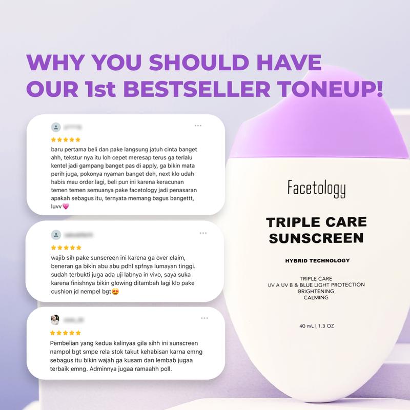Facetology [IN VIVO & NON COMEDOGENIC TESTED] Triple Care Sunscreen SPF 40 PA+++ 40ML, Sunblock Wajah bantu Mencerahkan & Cover dari sinar matahari - 5