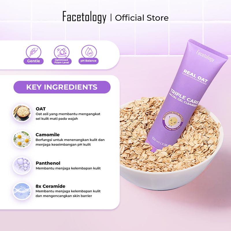 Facetology Triple Care Facial Gel Cleanser Sabun Cuci Muka Gentle Low PH Oat Senstive skin All skin Types Membersihkan Kotoran Wajah - 1