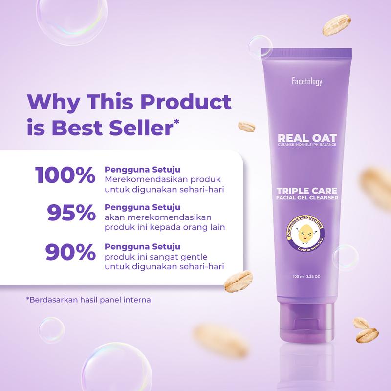 Facetology Triple Care Facial Gel Cleanser Sabun Cuci Muka Gentle Low PH Oat Senstive skin All skin Types Membersihkan Kotoran Wajah - 2