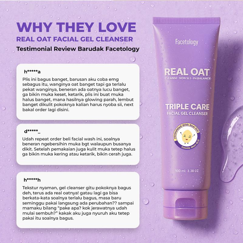 Facetology Triple Care Facial Gel Cleanser Sabun Cuci Muka Gentle Low PH Oat Senstive skin All skin Types Membersihkan Kotoran Wajah - 5