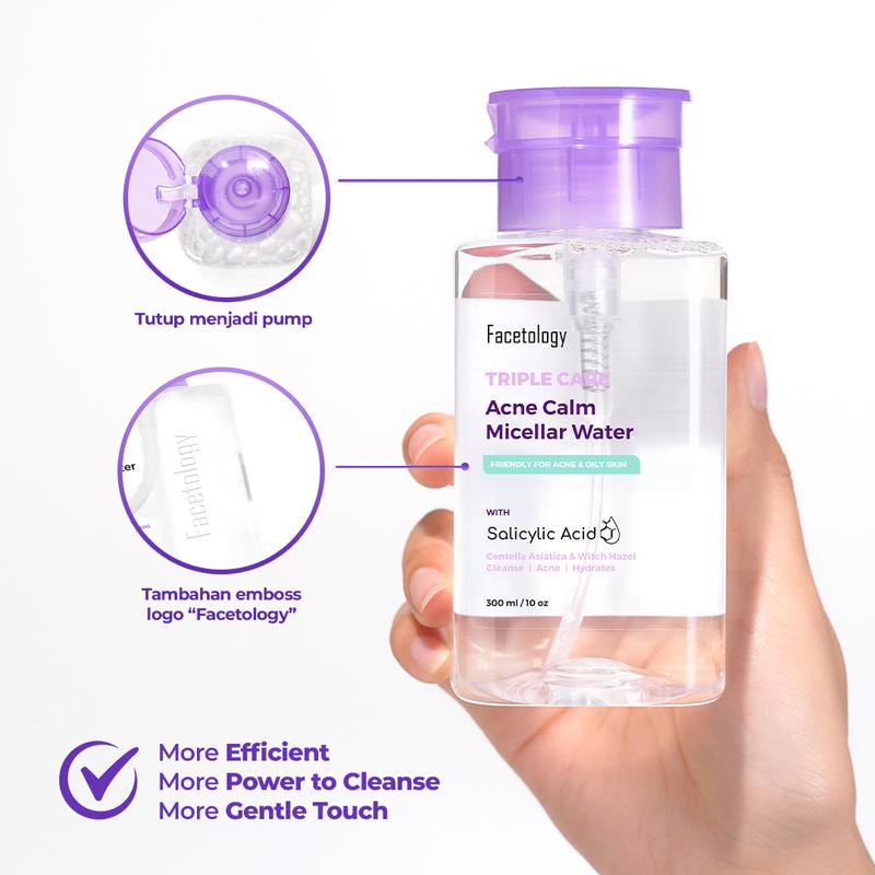 [NEW PACKAGE & IMPROVE FORMULA] > Facetology Triple Care Acne Calm Micellar Water 300ML, Remover untuk membersihkan Kotoran Wajah Berminyak & Berjerawat, Acid - 1