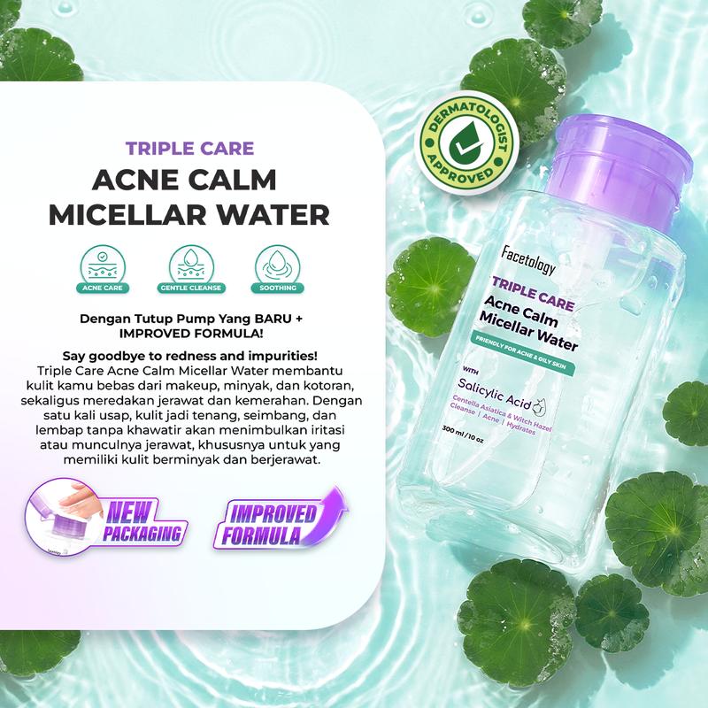 [NEW PACKAGE & IMPROVE FORMULA] > Facetology Triple Care Acne Calm Micellar Water 300ML, Remover untuk membersihkan Kotoran Wajah Berminyak & Berjerawat, Acid - 2