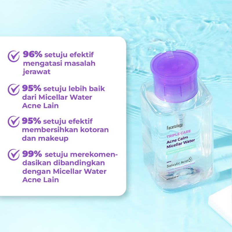 [NEW PACKAGE & IMPROVE FORMULA] > Facetology Triple Care Acne Calm Micellar Water 300ML, Remover untuk membersihkan Kotoran Wajah Berminyak & Berjerawat, Acid - 3