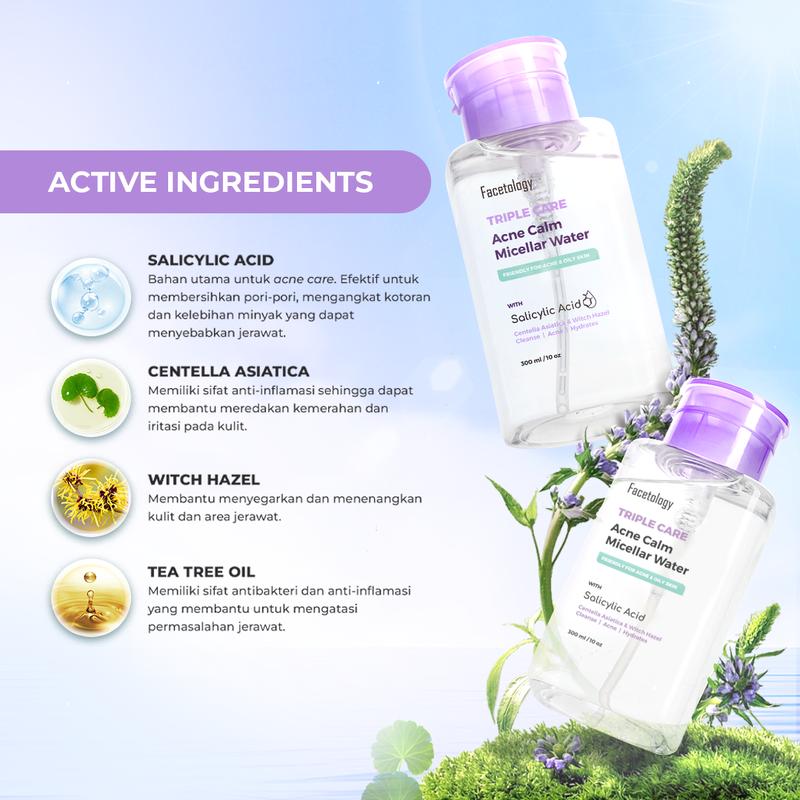 [NEW PACKAGE & IMPROVE FORMULA] > Facetology Triple Care Acne Calm Micellar Water 300ML, Remover untuk membersihkan Kotoran Wajah Berminyak & Berjerawat, Acid - 5