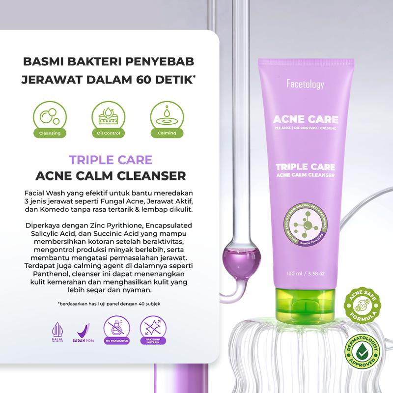 [Acne Hero] Facetology Bundling Triple Care Acne Calm Cleanser 100 ml & Triple Care Acne Calm Moisturizer 35 Gr & Triple Care Sunscreen For Acne & Oily Skin SPF 40 PA+++ 40ML Dijual oleh facetologystore - 3