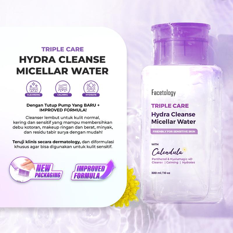 (FLASH SALE) Facetology Bundling Triple Care Hydra Cleanse Micellar Water 100 ML + Triple Care Sunscreen SPF 40 PA+++40ML- Perawatan untuk Membersihkan mengandung Hyaluronic sebagai & Mencerahkan Wajah, Cleanser Bunga Hydrating - 2