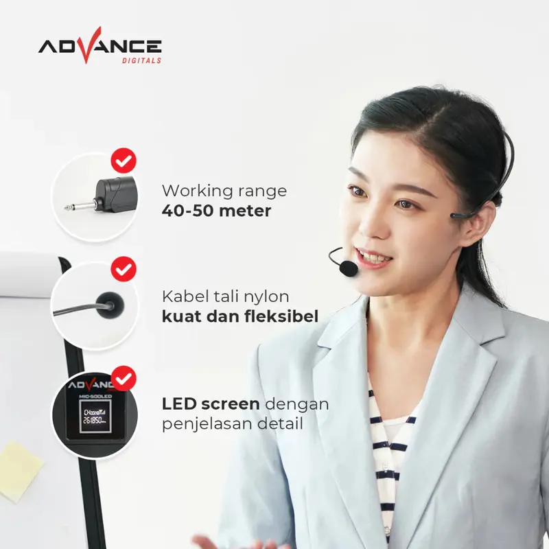 Advance Mic-500 LED Mic Bando Wireless Mic Clip On / Microphone Eksternal Garansi Resmi 1 Tahun - 1