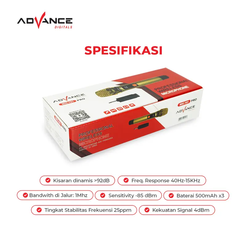 Advance MIC101 PRO Profesional Microphone Wireless Bisa Dicharger Frekuensi UHF Garansi Resmi 1 Tahun Mic Mikrofon - 1