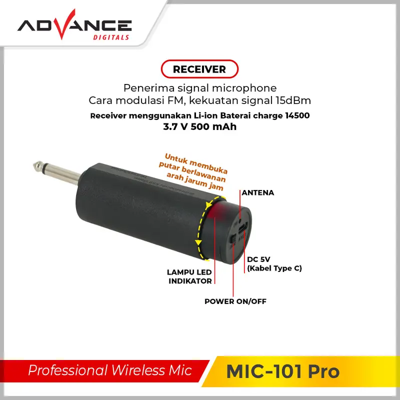 Advance MIC101 PRO Profesional Microphone Wireless Bisa Dicharger Frekuensi UHF Garansi Resmi 1 Tahun Mic Mikrofon - 3