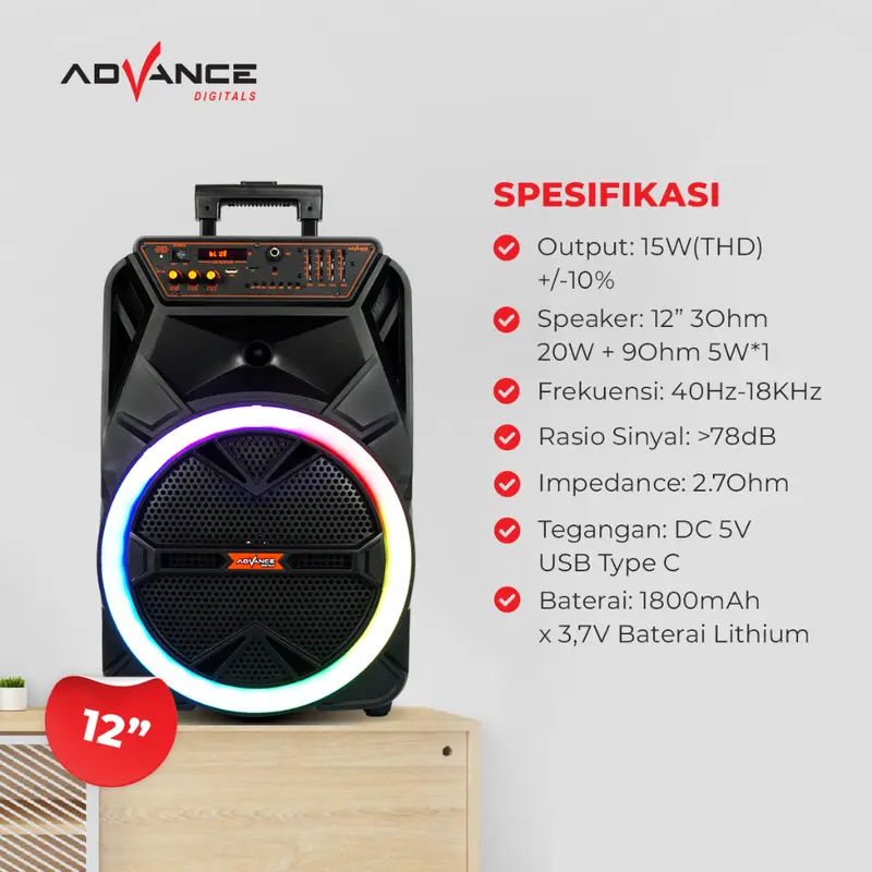 Advance KS2613 Speaker Bluetooth Portable 12 Inch Free 2 Microphone Wireless Garansi Resmi 1 Tahun Bass - 4