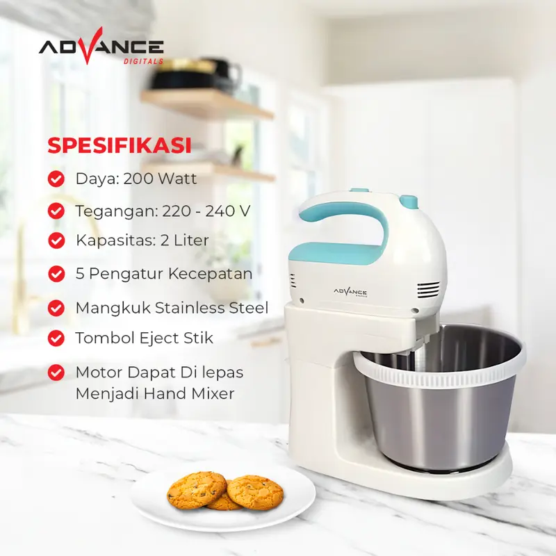 Advance MX333 Stand Mixer 2IN1 Bisa Jadi Mixer Daya 200 Watt Kapasitas 2 Liter FREE 2 Pengocok dan Pengaduk 5 Level Kecepatan Mesin - 3