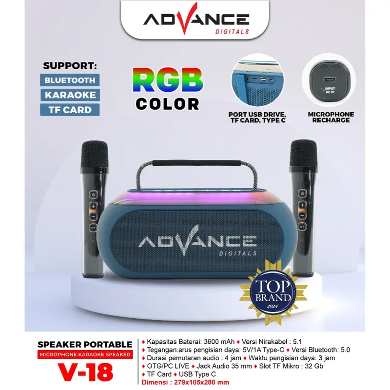 Advance V18 Portable Speaker Bluetooth Dual Microphone Karaoke Bergaransi Resmi 1 Tahun - 2