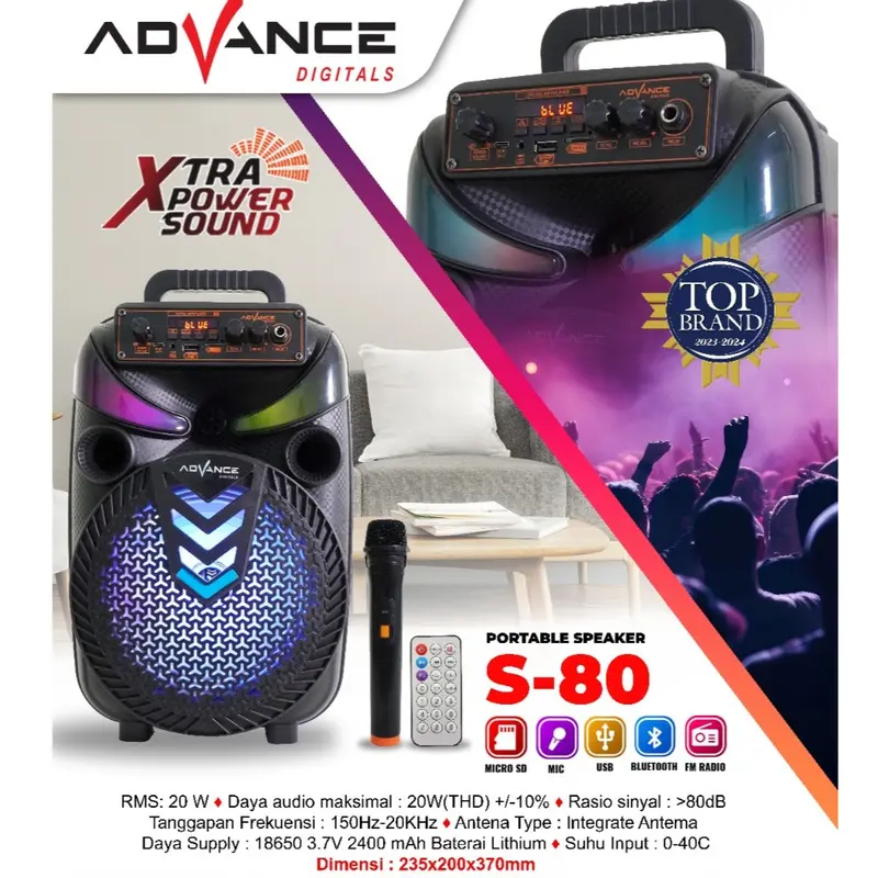 Advance S80 Speaker Portable Bluetooth FREE 1 Microphone Wireless Extra Power Sound Garansi 1 Tahun - 1