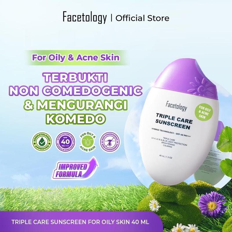 [New Matte Formula] Facetology Triple Care Sunscreen [IN VITRO IN VIVO TESTED] For Acne & Oily Skin SPF 40 PA+++ 40ML, Perawatan Wajah Berminyak & Berjerawat, Facial Acid