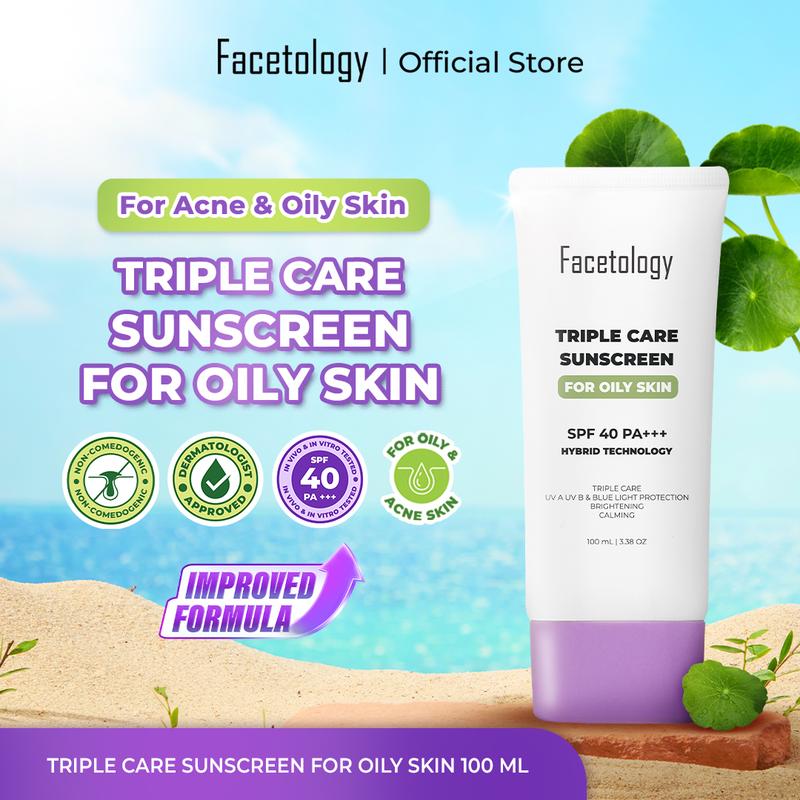[BIGGER & IMPROVED FORMULA!] Facetology Triple Care Sunscreen For Acne & Oily Skin SPF 40 PA++++ 100ML untuk wajah berminyak