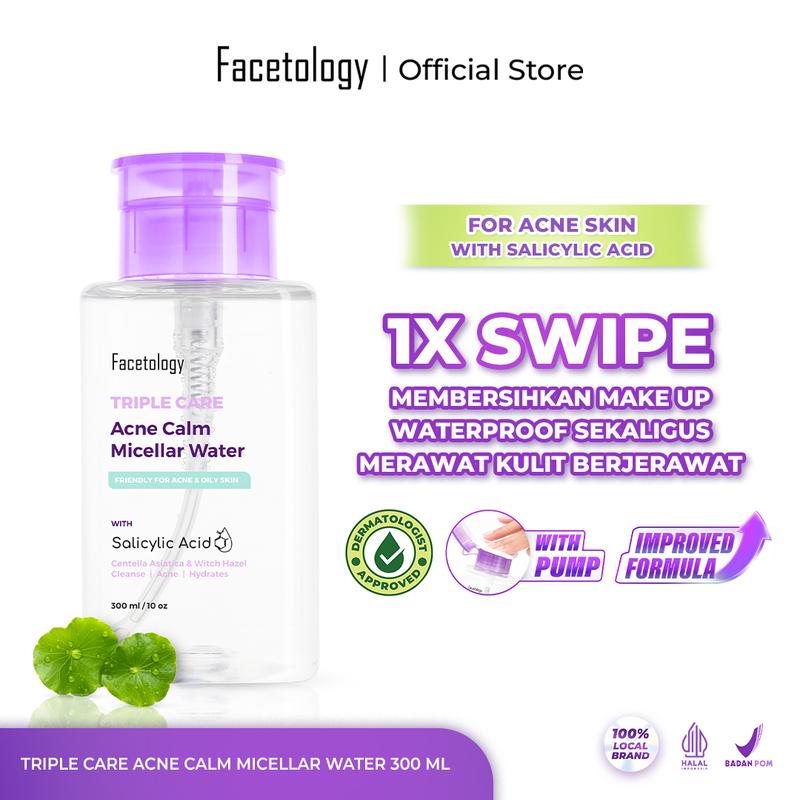 [NEW PACKAGE & IMPROVE FORMULA] > Facetology Triple Care Acne Calm Micellar Water 300ML, Remover untuk membersihkan Kotoran Wajah Berminyak & Berjerawat, Acid