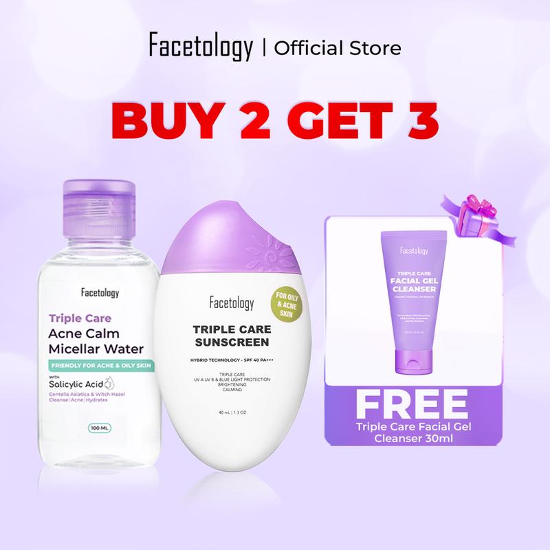 [BEST DEAL] Facetology Triple Care Micellar Water 100 ML + Triple Care Sunscreen SPF 40 PA+++ 40ML - Perawatan, Membersihkan Wajah