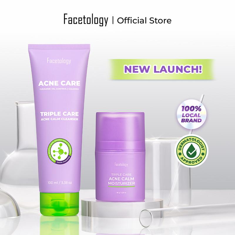 [NEW LAUNCH] Facetology Bundling Triple Care Acne Calm Cleanser 100 ml & Triple Care Acne Calm Moisturizer 35 Gr untuk Kulit Berminyak Berjerawat