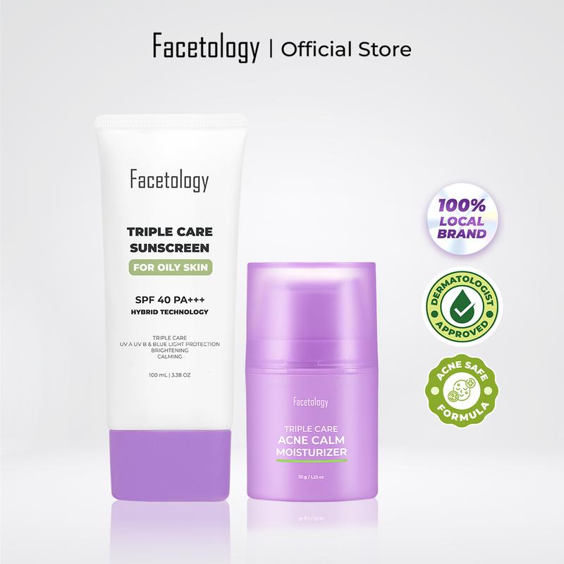Facetology Bundling Triple Care Acne Calm Moisturizer 35 Gr & Triple Care Sunscreen For Acne & Oily Skin SPF 40 PA+++ 100ML