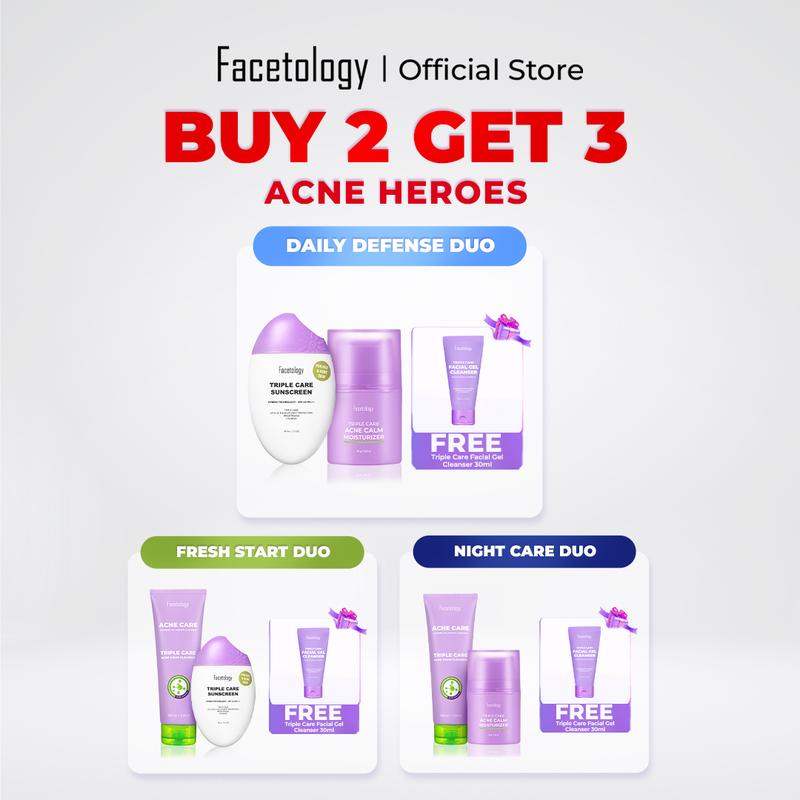 [Acne Hero] Facetology Bundling Triple Care Acne Calm Cleanser 100 ml & Triple Care Acne Calm Moisturizer 35 Gr & Triple Care Sunscreen For Acne & Oily Skin SPF 40 PA+++ 40ML Dijual oleh facetologystore