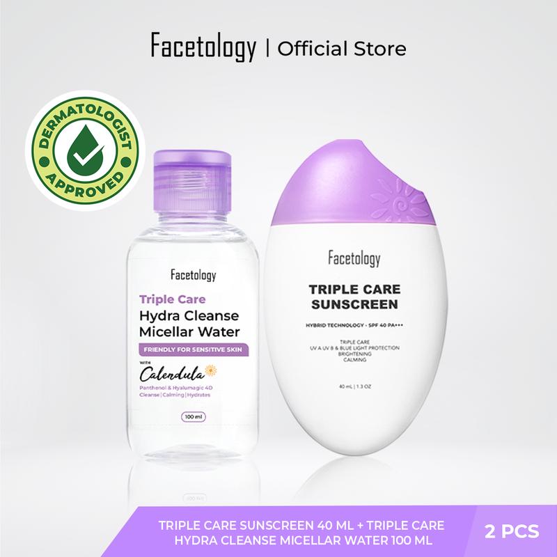 (FLASH SALE) Facetology Bundling Triple Care Hydra Cleanse Micellar Water 100 ML + Triple Care Sunscreen SPF 40 PA+++40ML- Perawatan untuk Membersihkan mengandung Hyaluronic sebagai & Mencerahkan Wajah, Cleanser Bunga Hydrating