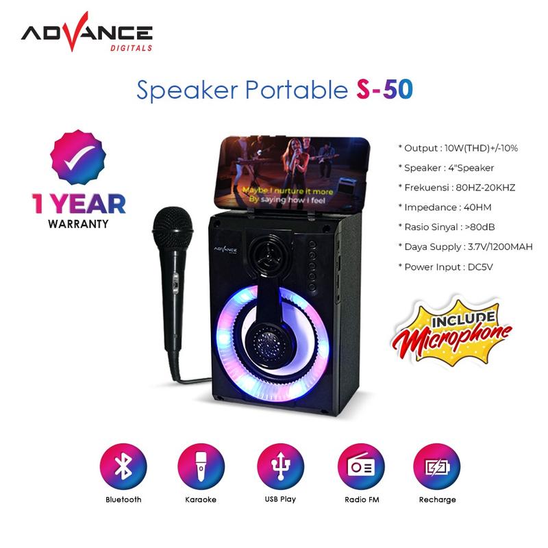 Speaker Advance S50 Bluetooth with MIC Music Box Portable Sub woofer Karaoke USB Radio Mikropon Speakers Bass