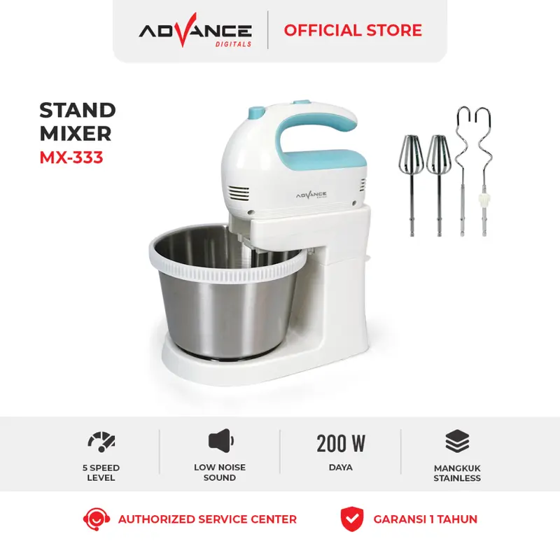 Advance MX333 Stand Mixer 2IN1 Bisa Jadi Mixer Daya 200 Watt Kapasitas 2 Liter FREE 2 Pengocok dan Pengaduk 5 Level Kecepatan Mesin