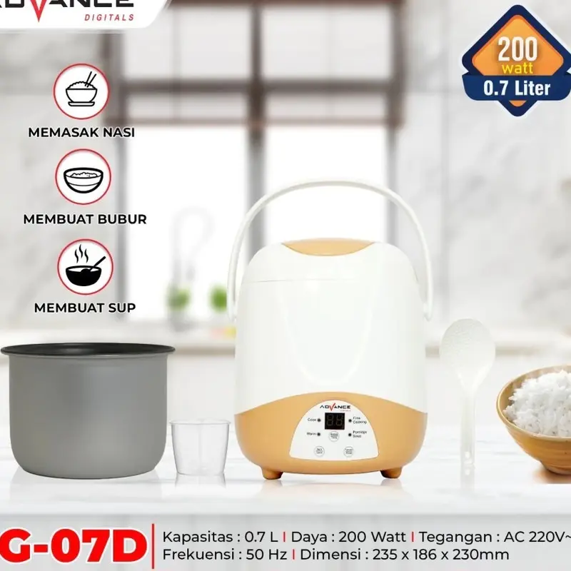 Advance G-07D Rice Cooker Travel 0.7 Liter Anti Lengket 200 Watt Garansi Resmi Tahun