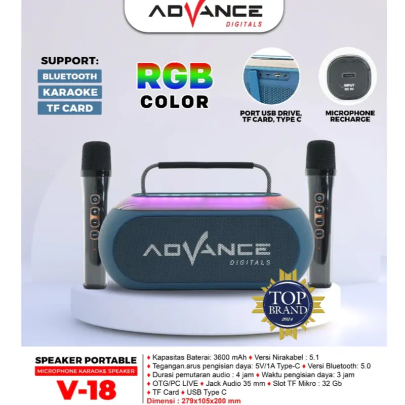 Advance V18 Portable Speaker Bluetooth Dual Microphone Karaoke Bergaransi Resmi 1 Tahun