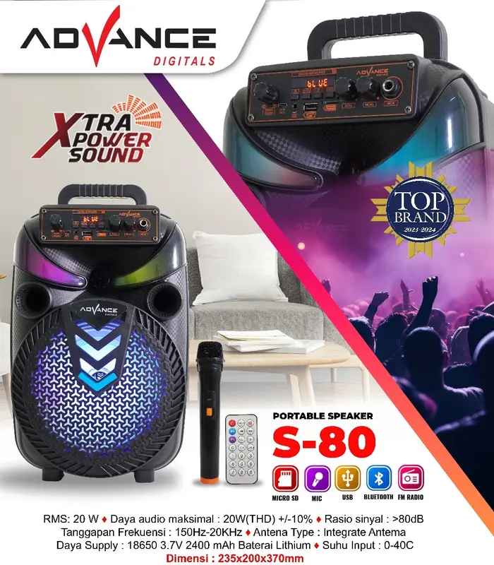 Advance S80 Speaker Portable Bluetooth FREE 1 Microphone Wireless Extra Power Sound Garansi 1 Tahun