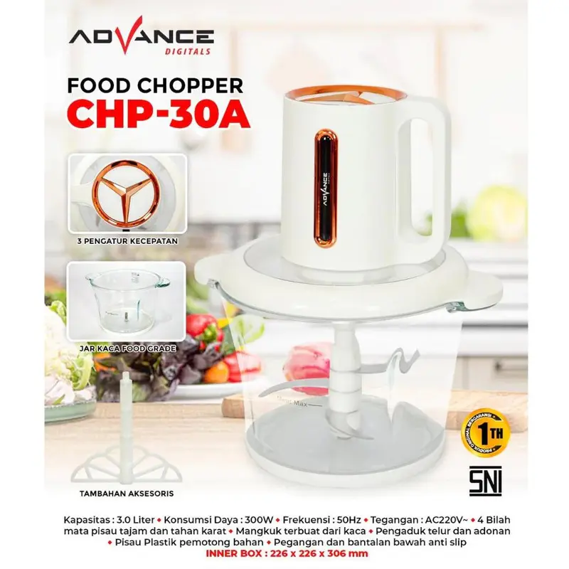 Advance CHP30A Electric Food Chopper Kapasitas 3 Liter 300 Watt FREE Pengaduk Adonan Garansi 1 Tahun